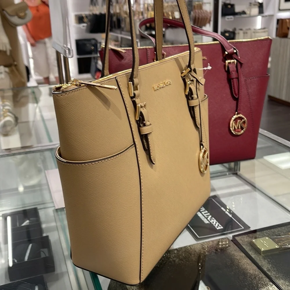 MICHAEL KORS Charlotte Large Leather Top-Zip Tote Camel NWT
